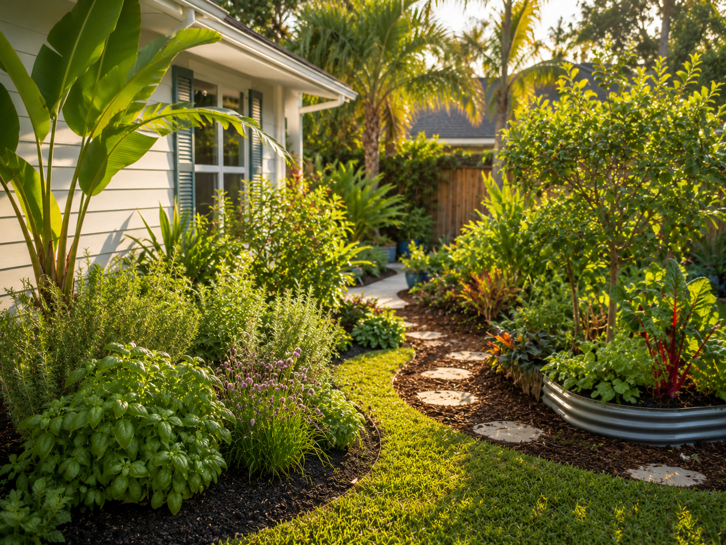 A tidy edible Florida yard layout with clear beds and useful plants.