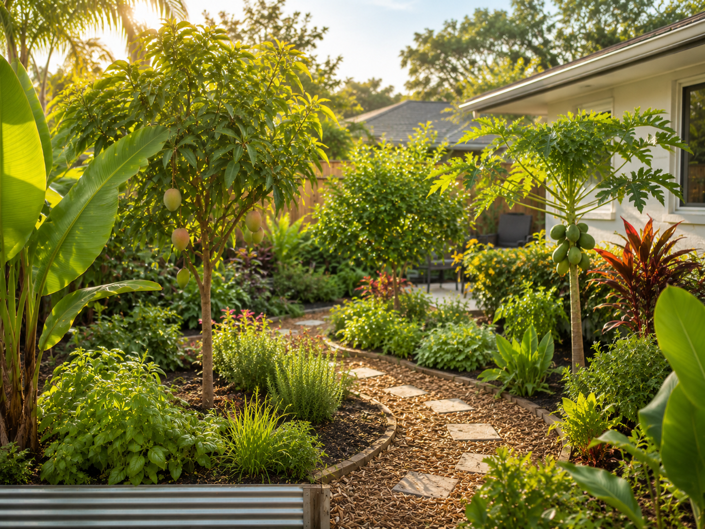 A layered Florida food forest scene with small-yard structure and mulch beds.