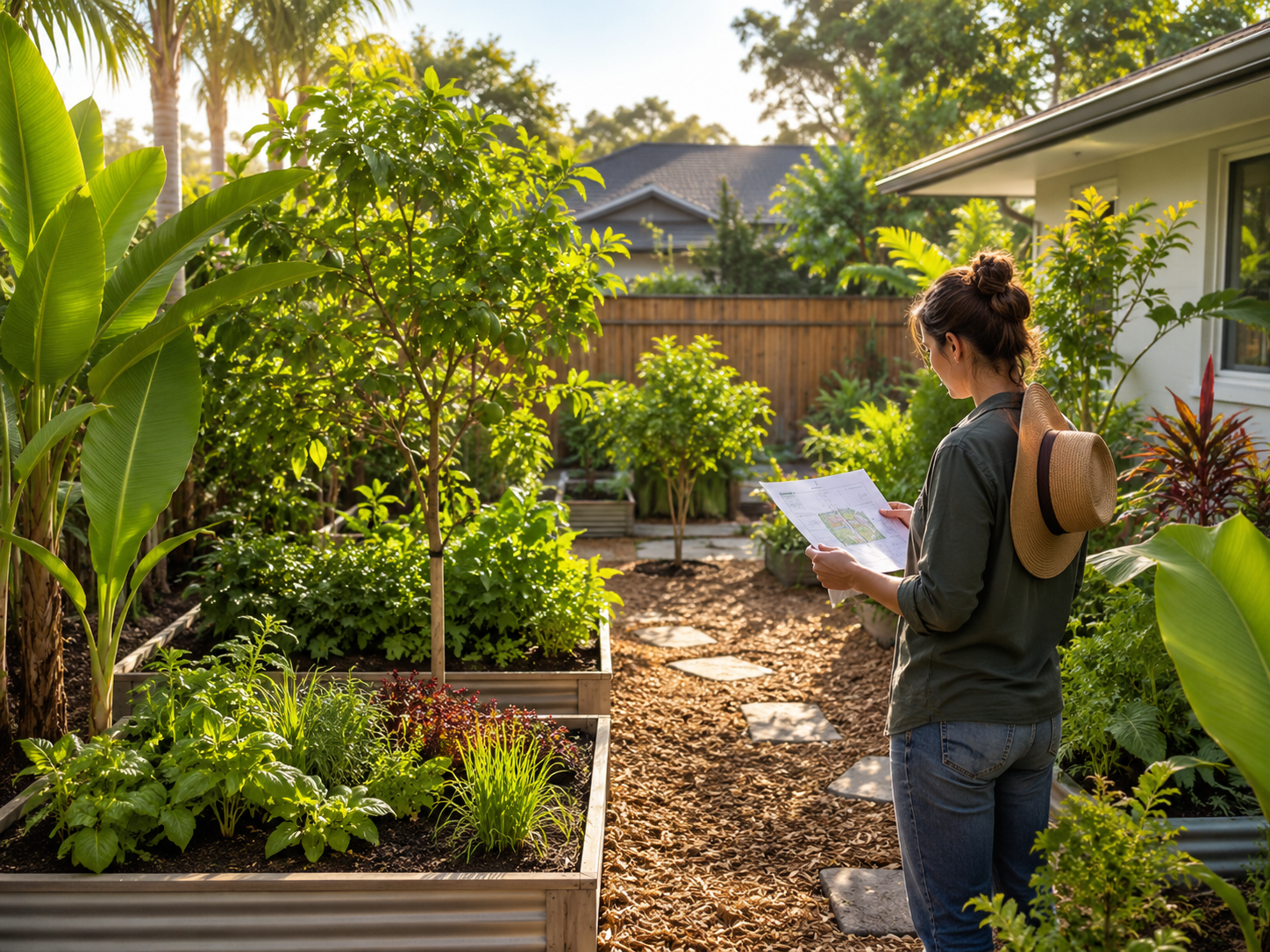 A tidy Florida edible-yard learning path.