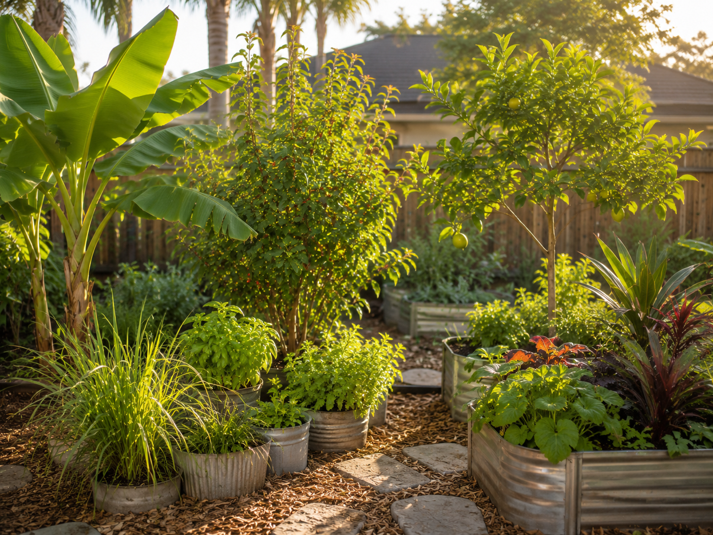 A Florida plant directory scene with fruiting and useful edible plants.