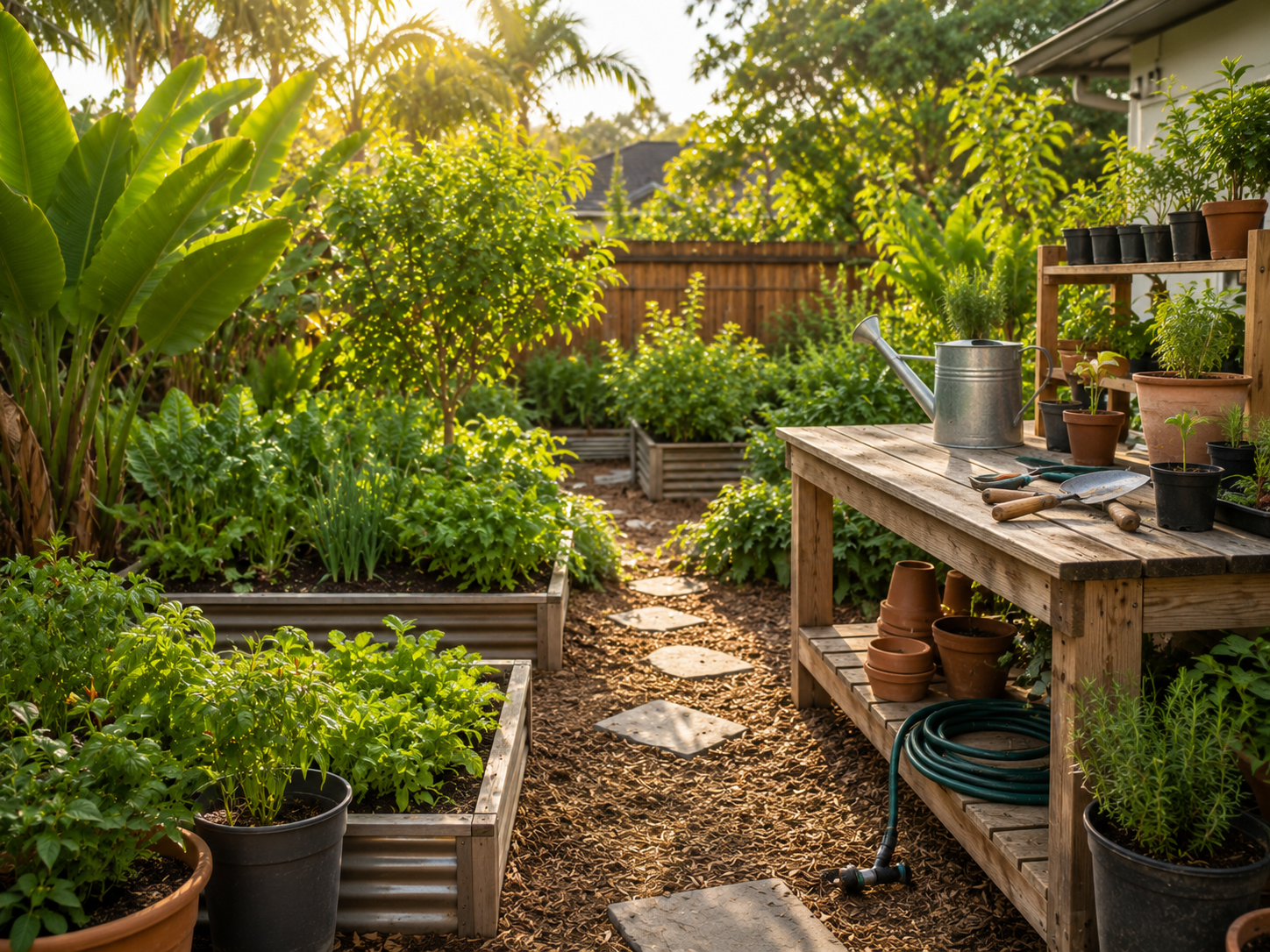Florida edible-yard tools and supplies in a garden workspace.